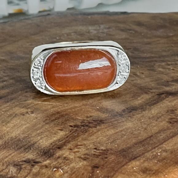 Vintage 14k Gold Diamond And Orange Jadeite Ring - Picture 1 of 12